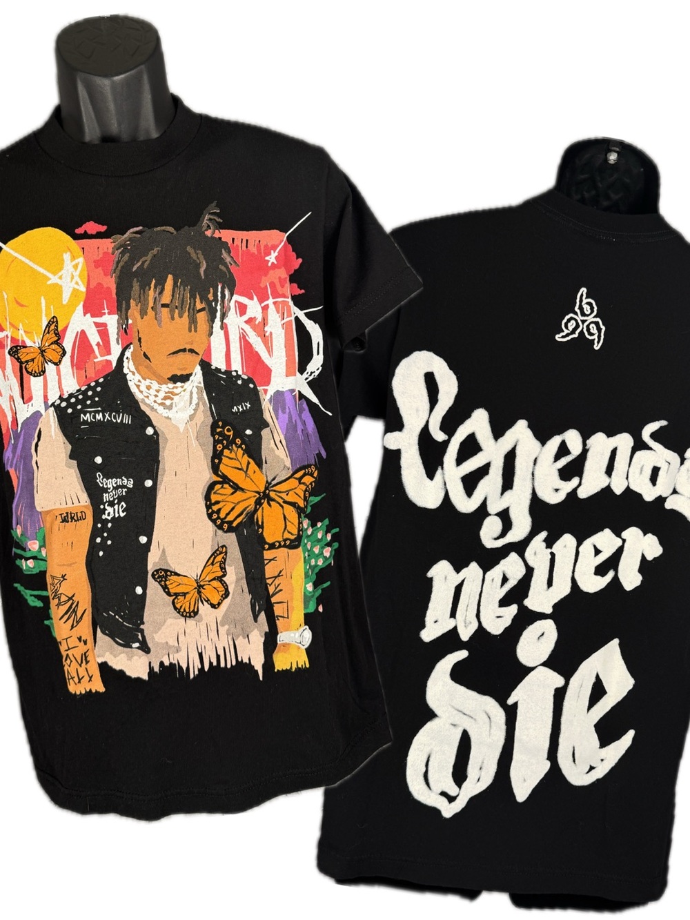 Juice WRLD 999 Club RARE Legends Never Die Rap Tee Butterfly Black Butterfly S